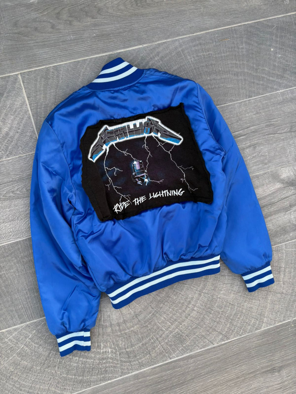 blue satin bomber jacket