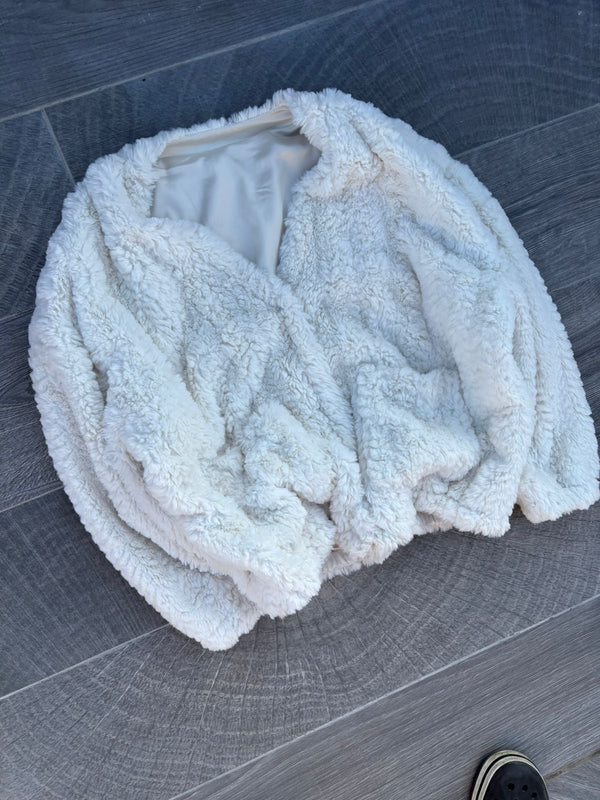 Heavy white faux-fur or "teddy" cropped jacket