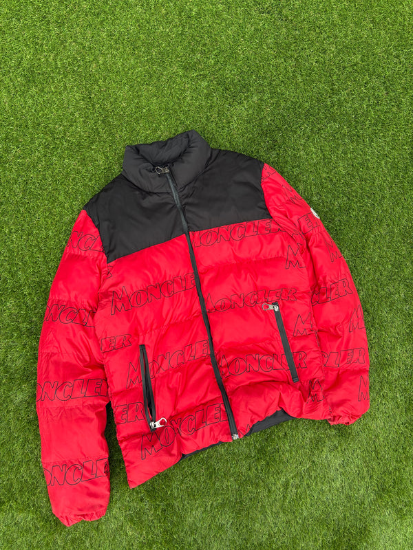 Red Moncler Najan down jacket with an all-over logo print.