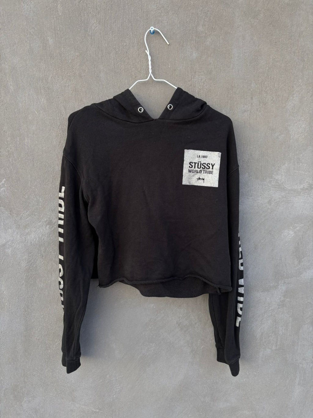Black Stussy tribe crop top hoodie
